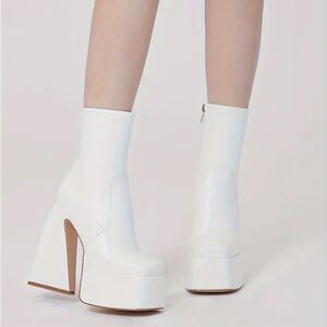 Women’s White Platform Punk Moto Ankle Hugger Faux Leather Boots